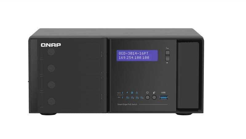 QNAP (QGD-3014-16PT) 14 1GbE RJ45 PoE ports(IEEE 803.3at PoE ++ supply 30W), 2 1GbE SFP+/RJ45 combo PoE ports(IEEE 803.3at PoE