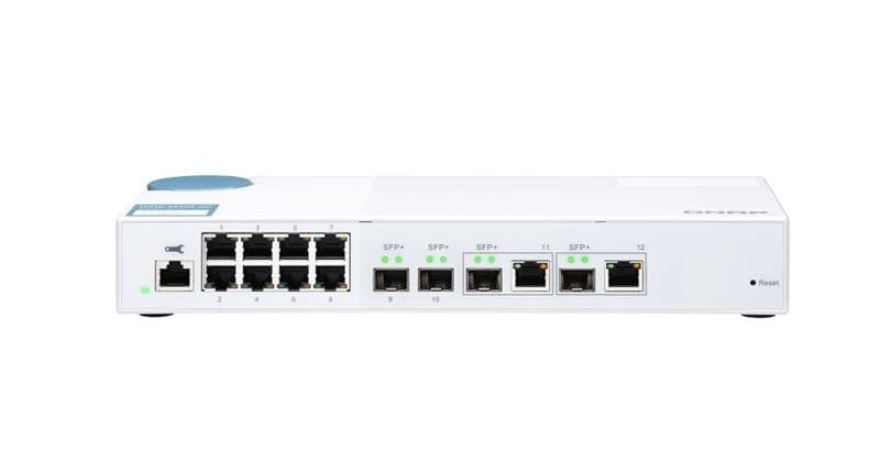 QNAP (QSW-M408-2C) 12-port layer 2 managed switch. Eight 1GbE ports, two 10G SFP+ ports and two 10G SFP+/ NBASE-T combo ports.