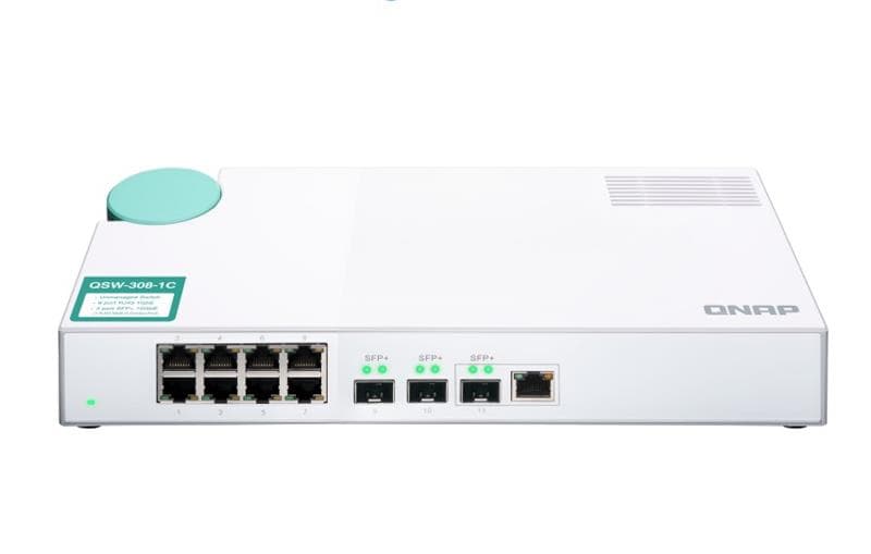 QNAP (QSW-308-1C) 8-Port unmanage 1GbE switch. Eight 1GbE NBASE-T ports, Three 10GbE SFP+ with shared one 10GBASE-T ports  unma