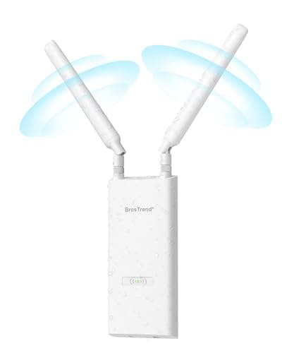 BrosTrend AC1200 Outdoor WiFi Extender Booster Long Range, IP65 Weatherproof Gigabit WiFi Repeater, Dual Band 5GHz + 2.4G, PoE Powered, with Passive PoE Injector, 2x 5dBi Antennas, for Yard Garden, RV