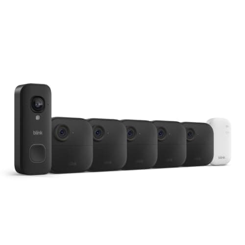 Blink Outdoor 4 and Wired Doorbell 2K+ (newest model) — Two-year battery 1080p cameras and 2K hardwired doorbell. Sync Module Core included — 5 Cameras + Doorbell (Black)