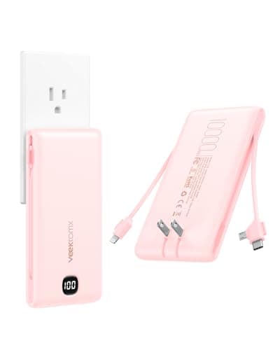 Portable Charger Power Bank Built in Cables and Wall Plug, 10000mAh iPhone Battery Pack Fast Charging, USB C External Slim Power Bank, Travel Essentials Compatible with iPhone 16 15 14 13 iPad, Pink
