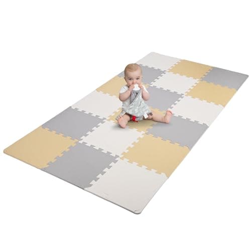 LIVINGbasics Baby Play Mat, 1cm Cushioned 18 pcs Puzzle Exercise Play Mat, 11.8"x 11.8" EVA Foam Mats Ideal for Kids Toddler, White Beige Grey