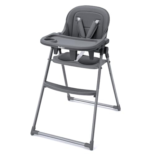 Babilous Foldable High Chair, High Chairs for Babies and Toddlers, Dining Chairs and Eating Chair with Adjustable Tray and 5 Point Harness for Infant, Gray