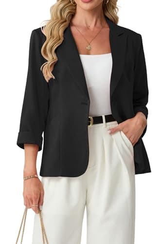 GRECERELLE Women's Lightweight Blazer Business Casual 3/4 Sleeve Lapel Open Front Jacket Blazer for Women Black-14