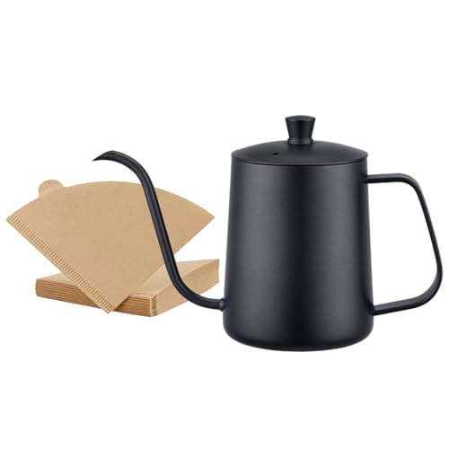 WELLLINK Gooseneck Pour Over Kettle 20oz 600ML, Leak Proof One-Piece 304 Stainless Steel Gooseneck Kettle with Lid, Food Grade Easy-Clean Narrow Spout & 100 Filters for Home Brewing Coffee