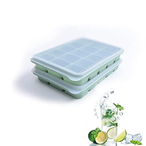 Tvmania Ice Cube Trays Set of 2, Easy Release 15 Flexible Silicone Ice Cube Molds with Removable Lid Reusable Freezer Ice Trays Stackable for Whiskey, BPA Free (Green)