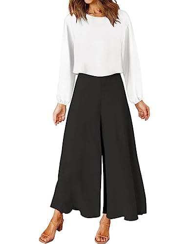 ROYLAMP Women's Fall 2 Piece Outfits Long Sleeve Round Neck Crop White Top Black Wide Leg Pants Set with Pockets M