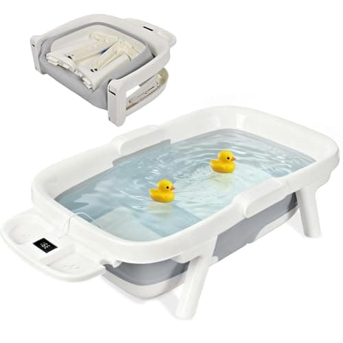 LIVINGbasics Extra Large Baby Bath Tub for Infants to Toddler, Anti-Slip Portable Travel Shower Basin with Foldable & Detachable Stand, Built-in Thermometer