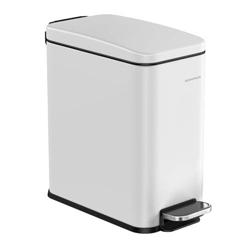 SONGMICS Bathroom Trash Can, Small Trash Bin with Lid, Slim for Small Spaces, Stainless Steel Garbage Can, Soft Close, 1.3 Gallon (5 L) White ULTB560W05