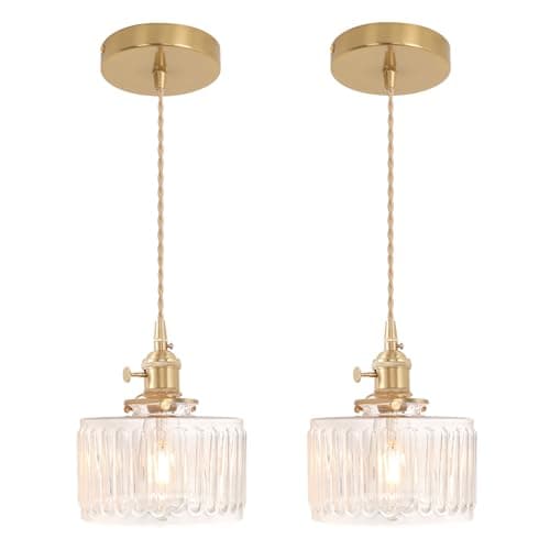 Shenmoyl Gold Vintage Pendant Lights Kitchen Island 2 Pack, Brass Glass Pendant Light Fixture, Adjustable Hanging Light Lamp for Dining Room Hallway Clear