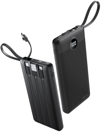 Coowisty 10000mAh Portable Charger with Built in Cables, USB C Battery Pack, Light Power Bank 5 Outputs 2 Inputs LED Display External Battery Bank Compatible with iPhone/Android/Tablets (1 Pack Black)