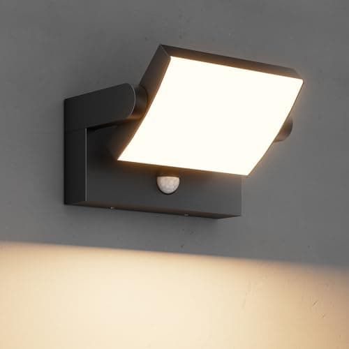 Lundwa 40W Motion Sensor Outdoor Wall Light, 3000K Black LED Exterior Light Fixture, IP65 Waterproof Exterior Porch Light, 360 ° Adjustable Head Flood Wall Lighting for House