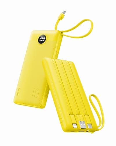 VRURC Portable Charger with Built-in Cables, 10000mAh LED Display USB C Power Bank, Slim Travel Battery Pack with 5 Output 2 Input Compatible with iPhone,Samsung,Android etc-Yellow