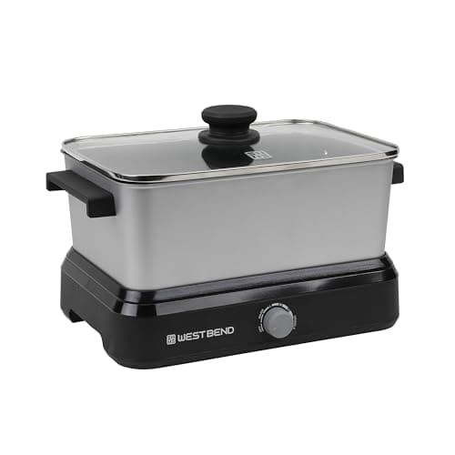 West Bend 87905 Large Capacity Non-Stick Versatility Slow Cooker with 5 Temperature Control Settings Dishwasher Safe Includes A Travel Lid & Thermal Carrying Case, 5-Quart, Silver