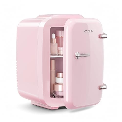 YASHE Mini Fridge, 4 Liter/6 Cans Small Fridge for Skincare, Cosmetic, Drink 110V AC/ 12V DC Cooler and Warmer, Makeup Fridge, Mini Portable Fridge for Bedroom, Office, Bar, Car and Travel, Pink
