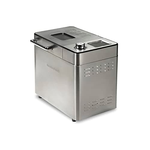Hamilton Beach Premium Bread Maker, Auto Fruit/Nut Dispenser, 3 loaf sizes & 3 crust shades customizable, 1-2 lbs, 21 Settings, Dishwasher safe bread pan,550Watts,Stainless Steel, 29890MN