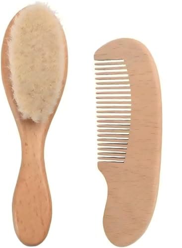 WIXGAOTK 2 Pack Baby Brush Set, Wooden Hair Brush & Comb Kit for Newborn Baby Girl Boy, Soft Bristle Shower Brush for Scalp and Body Cleansing, Natural Wood Massage Bath Brush with Flat Comb