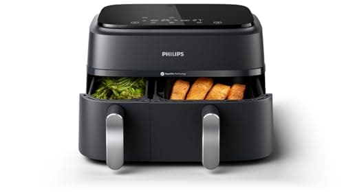 Philips Dual Basket Air Fryer 3000 Series, 8-in-1 functions, 9L, 2 Drawers, Auto-sync Cooking Time, 90% Less Fat, Rapid Air Technology, HomeID Recipe App, Dishwasher Safe, Black, (NA351/00)