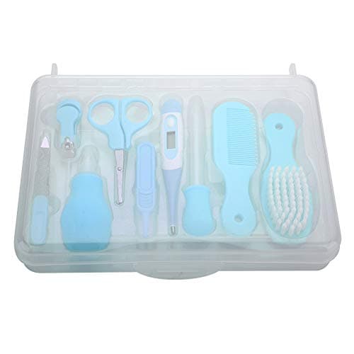 Yechiry 9Pcs Kit, Essential Newborn Grooming Set, Soft Brush Comb Nail Clipper Scissors Thermometer Kit with Safety Design, Ideal for Infants Children Safety (Blue)