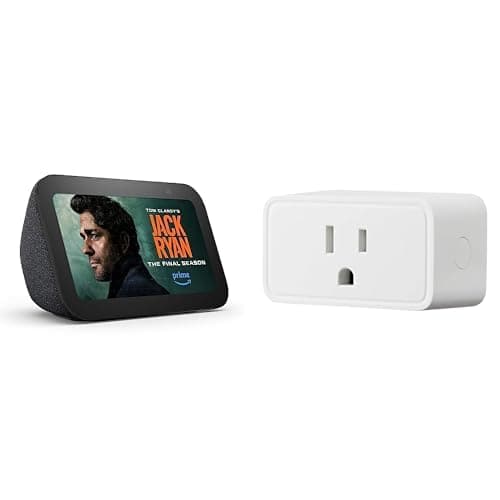 Amazon Echo Show 5 (newest model) + Amazon Basics Smart Plug, Works with Alexa Only, 2.4 GHz Wi-Fi, No Hub Required, 1 Pack, Designed for Alexa+, Charcoal