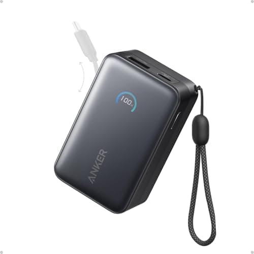 Anker Nano Power Bank, 10,000mAh Portable Charger with 2.3 ft Anker InstaCord Retractable Cable, 45W Max Compact Battery Pack, Smart Display, for iPhone 17/16 Series,iPad,Galaxy,Pixel and More (Black)