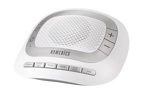 HoMedics SS-2025 White Noise Sound Machine | Portable Sleep Therapy for Home, Office, Baby & Travel | 6 Relaxing & Soothing Nature Sounds, Battery or Adapter Charging Options, Auto-Off Timer, Silver