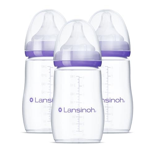Lansinoh Anti-Colic Baby Bottles for Breastfeeding Babies, 240 ml (8 Ounces), 3 Count, Includes 3 Medium Flow Nipples, Size M