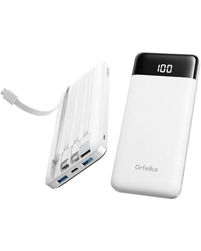 Orfeika Power Bank with Built in Cables, 10000mAh Portable Charger USB C in&Out, Battery Pack with LED Display Travel Essential for iPhone 16 15 14 13 12, Samsung S22 S21 Google LG iPad (White)