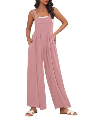 AUTOMET Womens Beach Vacation Outfits Jumpsuits Overalls Wide Leg Casual Summer Spring Outfits Rompers Trendy Jumpers, Pink, Medium