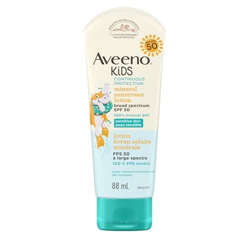 Aveeno Kids Continuous Protection Zinc Oxide Mineral Sunscreen Lotion for Children's Sensitive Skin with Broad Spectrum SPF 50, Tear-Free, Sweat- & Water-Resistant, Non-Greasy, 88 mL
