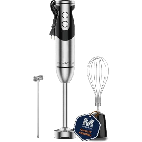 MegaWise 3-in-1 Immersion Hand Blender, Powerful BRUSHLESS DC motor with Sharp Durable Blades, 12-Speed Corded Incl. Whisk and Milk Frother 2025 Updated