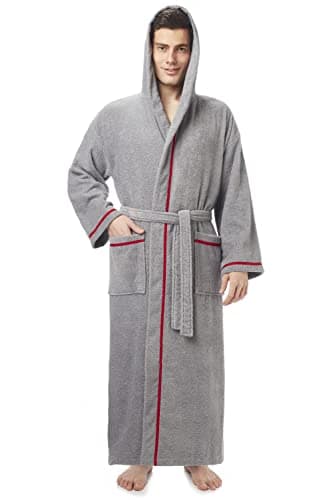 Arus Men's Hooded Classic Bathrobe Turkish Cotton Robe with Full Length Options, Gray With Red Border, XX-Large