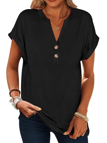 isermeo Womens Summer Tops 2026 Rolled Short Sleeve Shirs V Neck T Shirts Fashion Beach Vacation Clothes Solid Black L