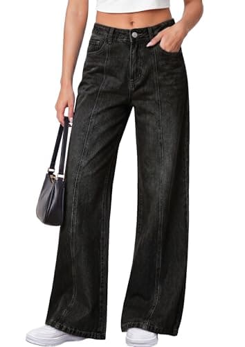 PRETTYGARDEN Women's Wide Leg Jeans Stretchy Baggy Denim Pants(Black,4)
