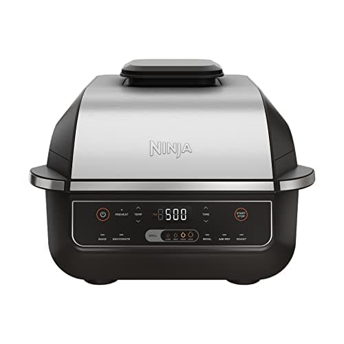 Ninja Foodi 6-in-1 Indoor Grill & Air Fryer, Cyclonic Grilling, 500°F, Roast, Bake, Broil, Dehydrate, Up to 75% Less Fat, Frozen to Char-Grilled, Black/Silver, EG201C (Canadian Version)
