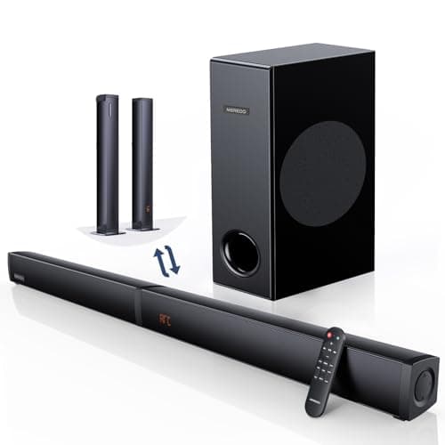 180W Sound Bar MEREDO 2 in 1 Detachable Soundbar for TV 2.1CH Soundbar with Subwoofer 5 EQ Modes Treble & Bass Adjust (ARC Cable) Optical/BT 5.4/AUX, 12L Deep Bass for Home Theater-32 Inch