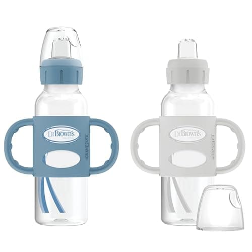 Dr. Brown’s Milestones Narrow Transitional Sippy Bottle with Silicone Handles 8oz 250mL 6m+ Light Blue and Gray 2-Pack