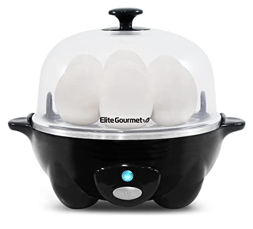 Elite Gourmet EGC-007B# Rapid Egg Cooker, 7 Easy-To-Peel, Hard, Medium, Soft Boiled Eggs, Poacher, Omelet Maker, Auto Shut-Off, Alarm, 16-Recipe Booklet, BPA-Free, Black