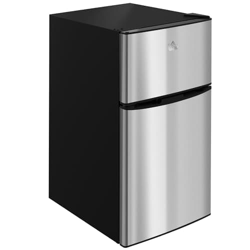HOMCOM Mini Fridge with Freezer, 3.2 Cu. Ft. Compact Refrigerator with Adjustable Shelves, Mechanical Thermostat, Reversible Double Doors for Bedroom, Kitchen, Apartment, Silver
