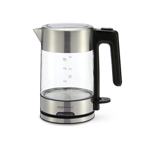 Amazon Basics 1.1-Qt (1.0L) Electric Kettle, Electric Tea Kettle & Water Boiler, With Auto Shut-Off, Boil Dry Protection, High-Safety Strix Thermostat, BPA-Free, 1500W, Glass Carafe, Black & Silver