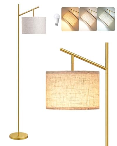 EDISHINE 64.7" Modern Minimalist Floor Lamps for Living Room with 3 Color Temperatures Bulb & Adjustable Linen Shade, Foot Pedal Switch, Tall Standing Lamp for Bedroom Office, Gold