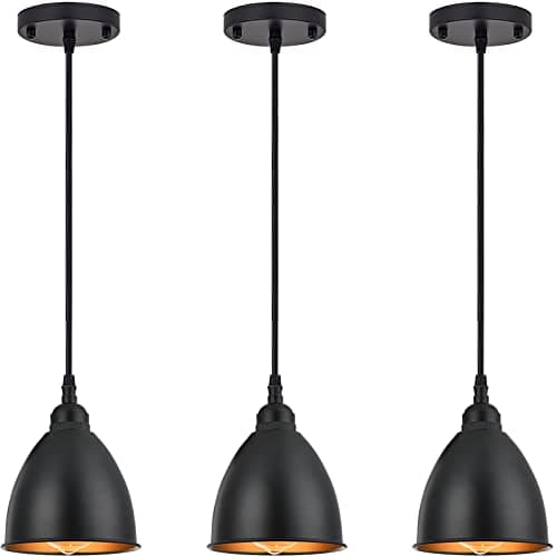 Terleenart 3 Pack Industrial Farmhouse Ceiling Hanging Pendant Light Fixtures with Matt Black Metal Bell Shade Build-in Golden,for Kitchen Island Dinning Room Bedroom Living Room Entryway Loft Foyer