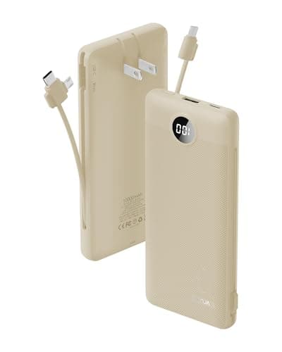 VRURC Portable Charger Built-in Cables and AC Wall Plug, 10000mAh USB C Power Bank iPhone, Phone Charger Compact Lightweight External Battery Pack for Smart Phones, Tablets etc-Coffee