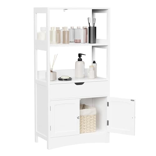VASAGLE Bathroom Storage Cabinet, Freestanding Linen Tower, Tall Bookcase with 2 Open Shelves, 1 Large Drawer, 12.8 x 23.6 x 48 Inches, for Entryway, Kitchen, Study, White UBBC64WT