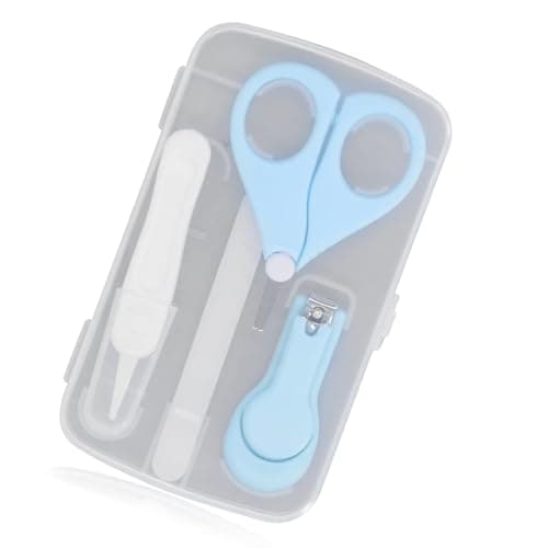 Fokmuaex 4pcs Baby Nail Care Kit, Safety 1st Baby Nail Clipper & Scissors Set with Nail File, Round Tip Tweezers, Gentle Newborn Infant Nail Trimmer for Safe & Easy Grooming (Blue)
