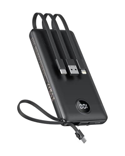 VEEKTOMX 10000mAh Slim Power Bank with Built-in Cables, Fast Charge Portable Charger for iPhone Samsung Android, USB C Battery Pack Travel Essentials, 260g Lightweight