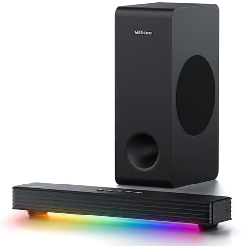 Sound Bar with Subwoofer for TV Computer Speakers for Desktop PC MEREDO 3.1CH Soundbar Surround Sound System Small Gaming RGB Sound Bars HD-ARC/AUX/Optical/BT 5.3/USB 5EQ Modes Treble & Bass Adjust