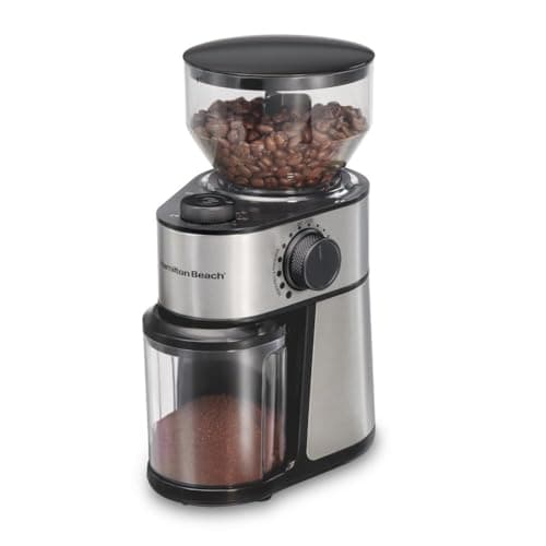 Hamilton Beach Electric Burr Coffee Grinder with Large 16oz Hopper,18 Settings For 2-14 Cups,Easy pour, Dishwasher safe removable Burr, 200 Watts, Stainless Steel (80385)