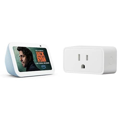 Amazon Echo Show 5 (newest model) + Amazon Basics Smart Plug, Works with Alexa Only, 2.4 GHz Wi-Fi, No Hub Required, 1 Pack, Designed for Alexa+, Cloud Blue